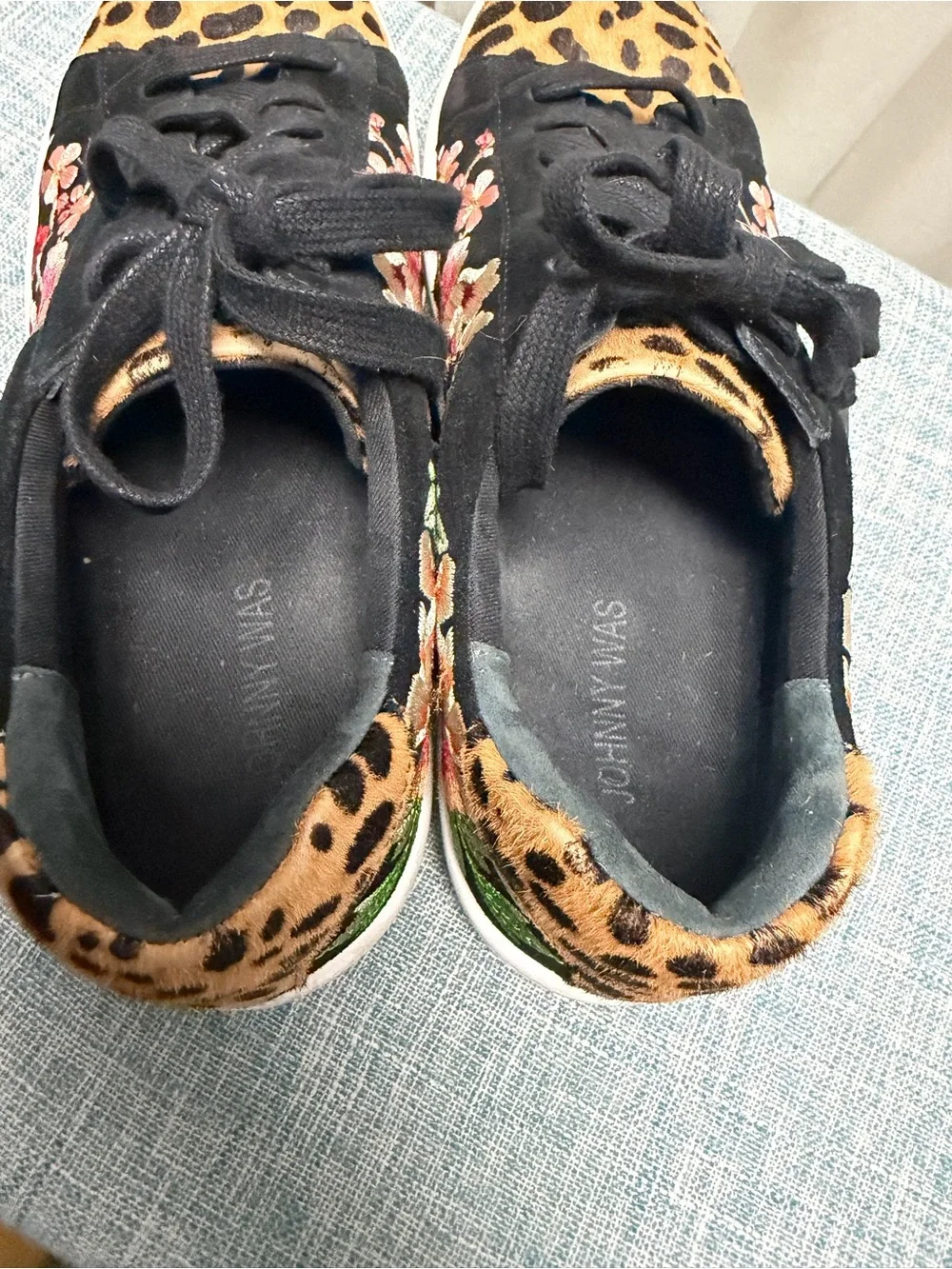 Johnny Was Black Sneakers with Leopard Toe and Pink Floral Embroidery
